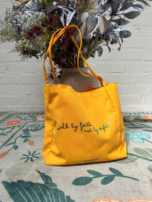 Walk by Faith, Not by Sight ✨ Yellow Large Canvas Tote Bag